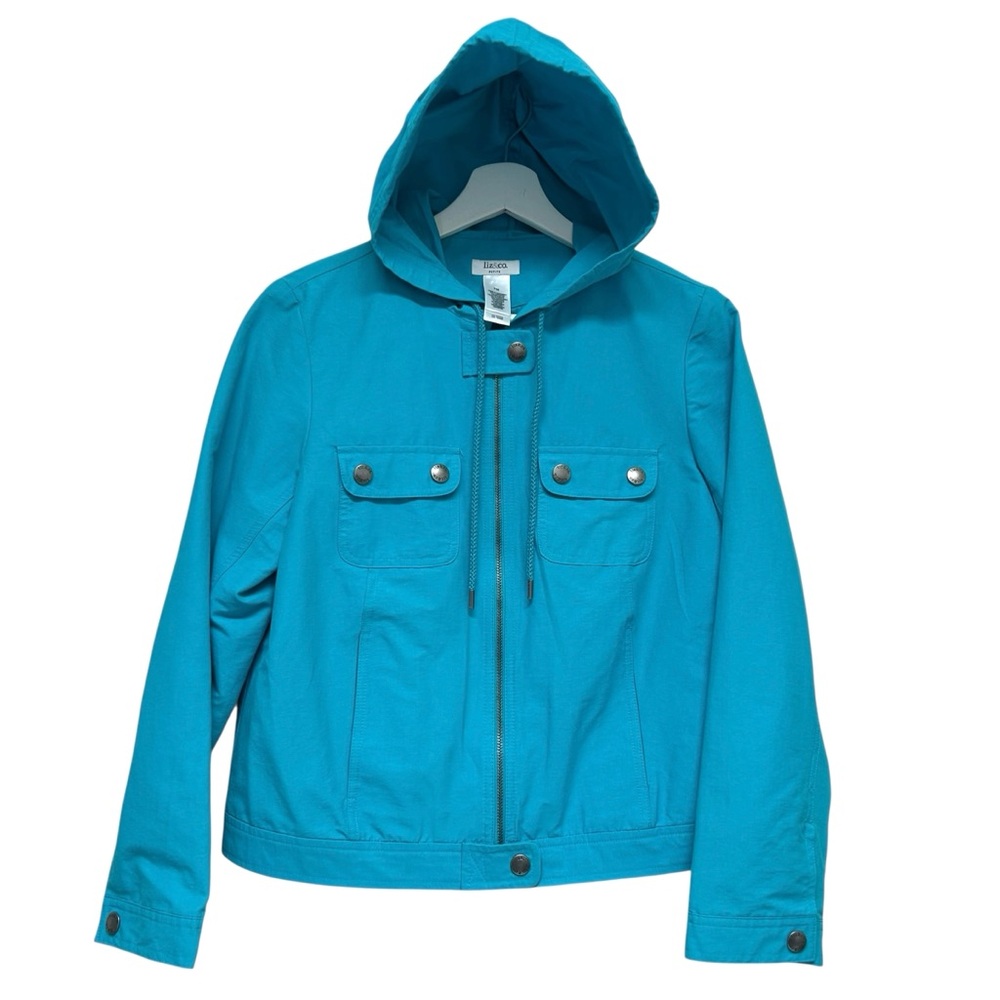 Liz & Co Petite Turquoise Windbreaker Jacket PM Hoodie Full Zip Pockets Outdoor